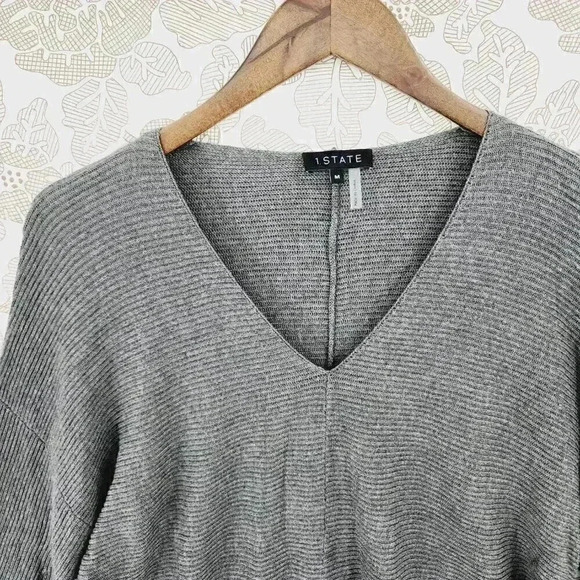 NWT 1. State V neck Balloon sleeve Knit Sweater Women's M Gray 9224 - Picture 3 of 8